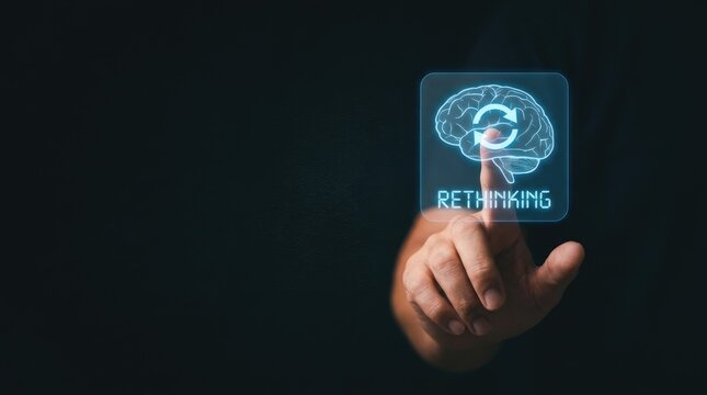 Person touching digital brain icon representing rethinking concept for personal development