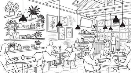 Obraz premium Hand drawn coffee shop interior vector illustration, modern cafe scene with people and plants, black and white line art coloring page