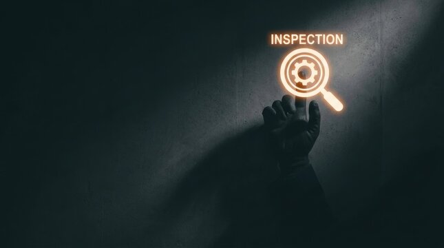 Professional hand touching glowing inspection icon on dark textured concrete wall digital interface concept
