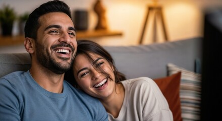 Fototapeta premium Happy couple enjoying movie night at home on comfortable sofa, watching television and sharing laughter together.