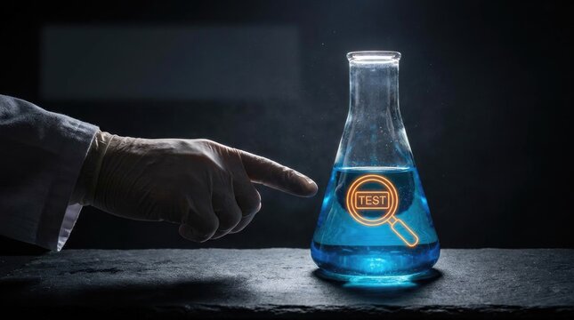 Scientist wearing protective glove pointing at glowing test icon inside blue liquid flask