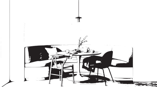 Minimalist interior vector illustration, modern dining room furniture with round table and chairs, black and white architectural sketch of a breakfast nook