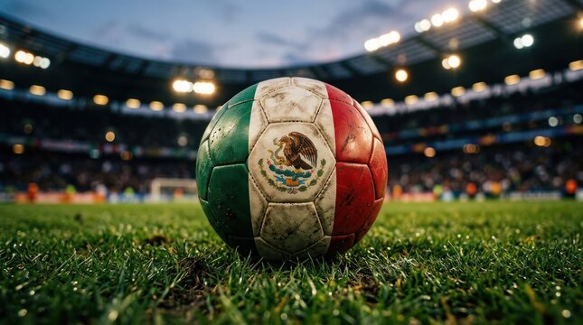 Mexican Flag Soccer Ball on Lush Green Football Field Stadium Lights.