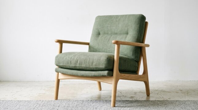 Mid Century Modern Armchair with Green Upholstery and Wooden Frame.