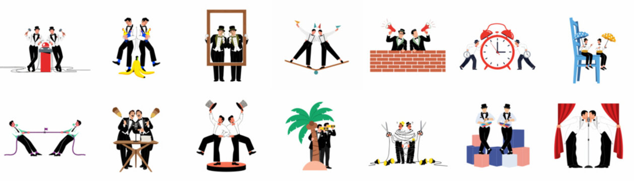 Set of humorous flat illustrations featuring twin male performers in tuxedos engaged in various comical circus and stage-themed activities on a white background.