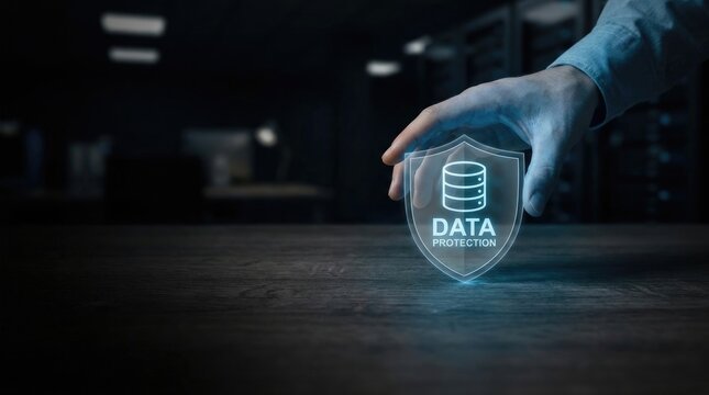 Professional hand protecting digital data security shield concept in dark server room environment