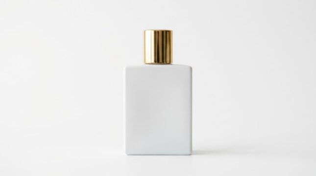 Minimalist White Perfume Bottle with Gold Cap on White Background.