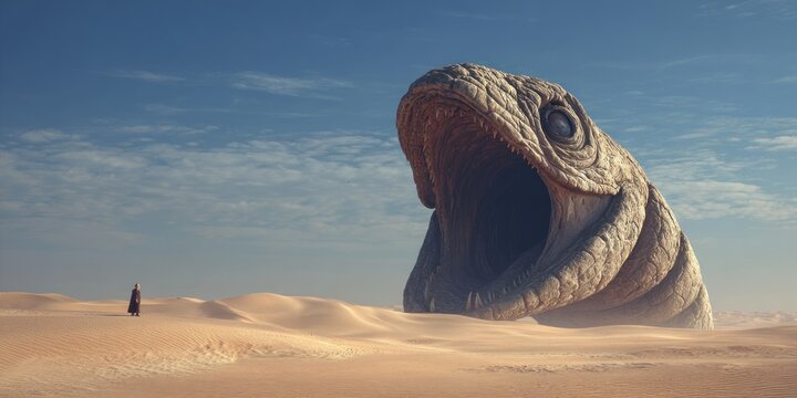 Giant sandworm emerging from desert landscape with a solitary figure under a vast blue sky