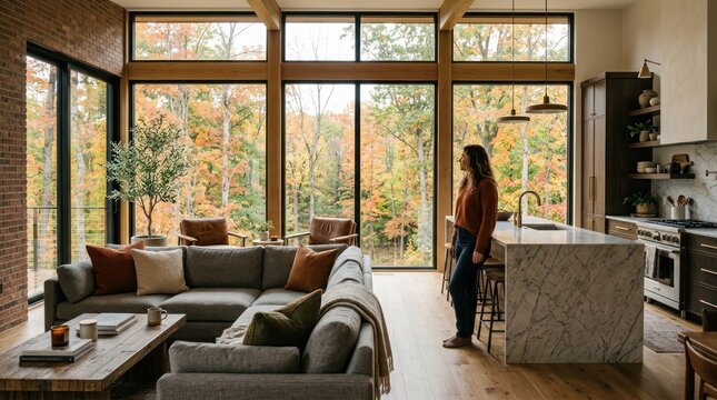 Modern Living Room with Panoramic Windows Overlooking Autumn Forest.