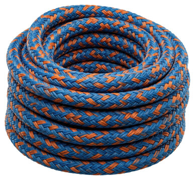 Coiled blue and orange braided marine rope cutout on transparent background