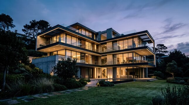 Modern Luxury Mansion Exterior at Dusk with Warm Interior Lights.
