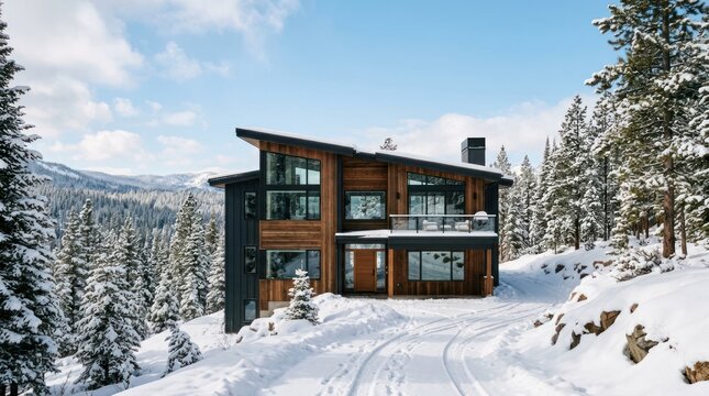 Modern Luxury Ski Chalet Nestled in Snowy Forest Landscape.