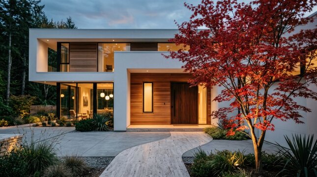 Modern Luxury Residence with Striking Architectural Design and Vibrant Autumn Foliage.