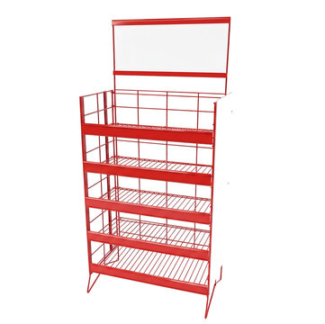 Red metal wire display rack with blank header sign isolated on white background