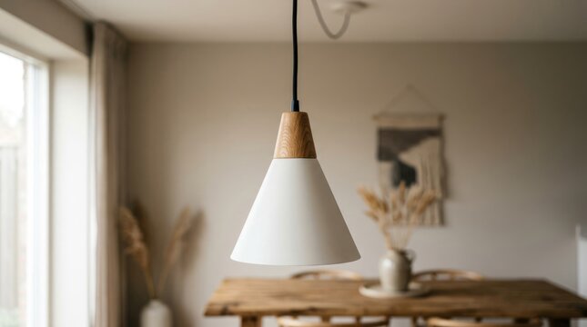 Modern Pendant Light Fixture with Wooden Accent Above Dining Table.