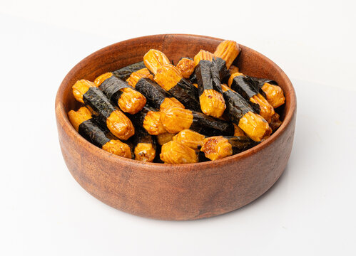 Senbei isolated, kaki no tane rice crackers, japanese crispy snack, sembei, okaki with wasabi, nori