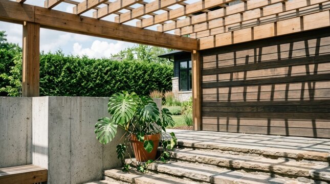 Modern Outdoor Living Space with Pergola and Lush Greenery.