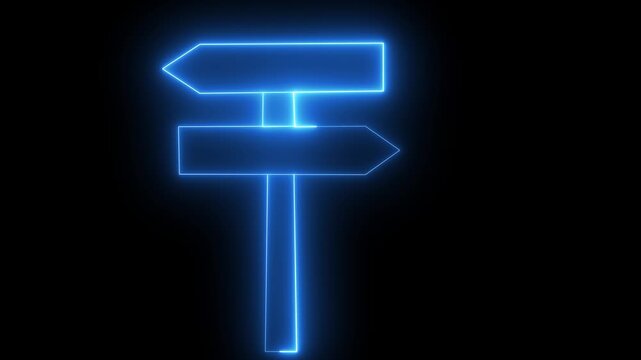 Futuristic neon line direction arrow signpost motion graphic, left or right path decision concept