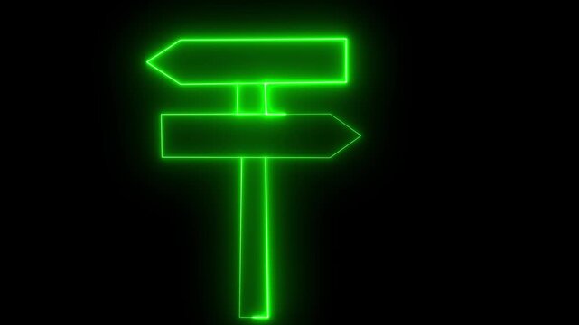 Futuristic green neon line direction arrow signpost motion graphic, left or right path decision concept