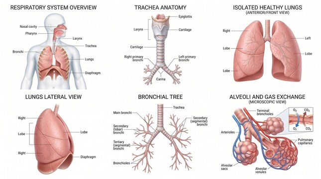 Anatomical human respiratory system medical illustrations