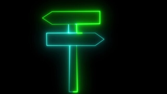 Futuristic green neon line direction arrow signpost motion graphic, left or right path decision concept