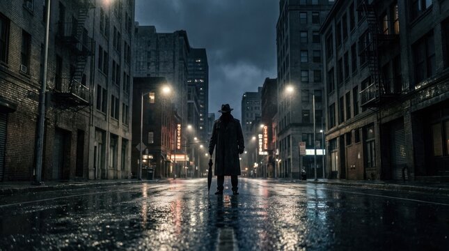 Mysterious Man Standing in Rainy City Street at Night.