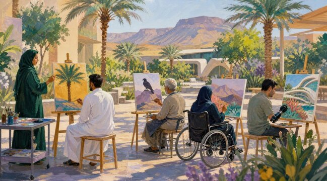 Artists in outdoor art class painting in a lush garden setting
