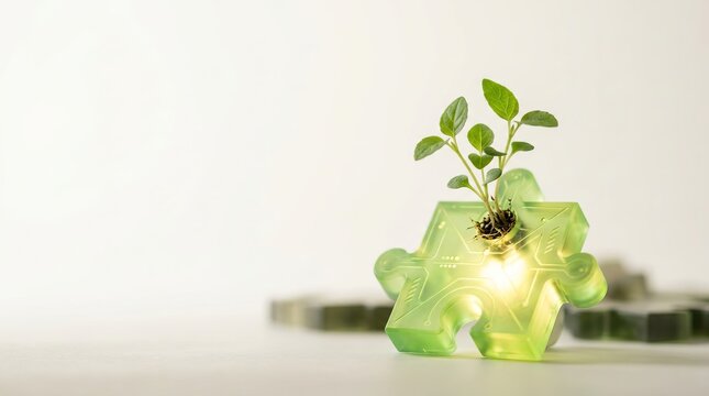 Small green sprout growing from translucent puzzle piece representing sustainable innovation concept
