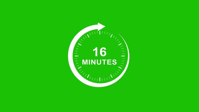 16 minute timer countdown clock animation on green screen, digital stopwatch for presentations and productivity tracking, chroma key overlay