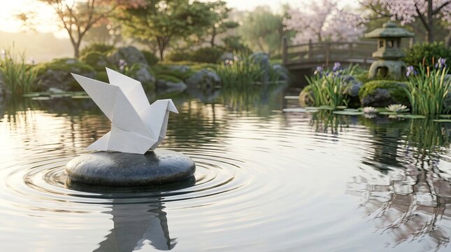 White origami bird resting upon a dark stone within a serene peaceful garden pond at sunrise