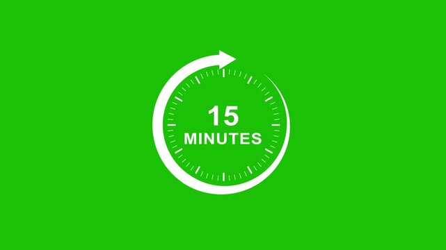 15 minutes timer countdown clock animation on green screen, chroma key overlay for time management, deadline, and productivity projects