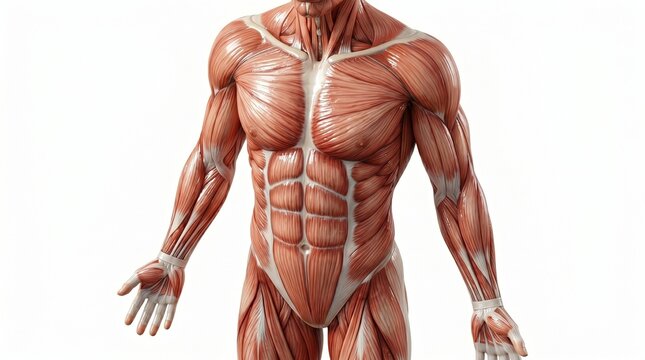 Detailed muscular system of a human body, front view, anatomy