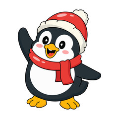 Fototapeta premium Happy penguin wearing a Santa hat and red scarf.