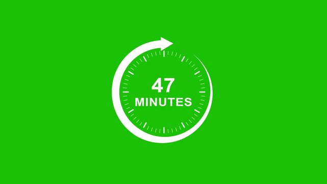 47 minutes countdown timer animation with circular progress bar on green screen for easy chroma key compositing and editing projects