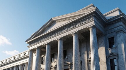 Obraz premium Classic stone bank building architecture exterior with tall marble columns, clear blue sky background. Traditional financial institution facade structure for monetary services. Government federal
