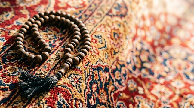 Wooden prayer beads resting upon an intricately patterned traditional textile with soft natural sunlight
