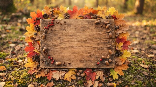 Rustic wooden board framed by vibrant autumn leaves acorns and pinecones on forest floor