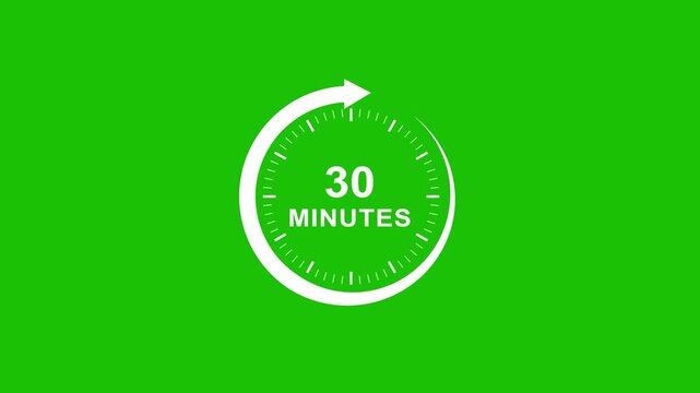 30 minutes timer countdown clock animation on green screen, minimalist circular progress indicator for presentations and time management projects