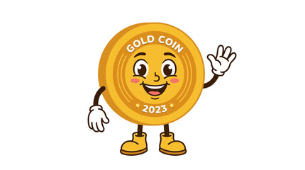 Fototapeta premium Smiling cartoon gold coin character waving with friendly expression