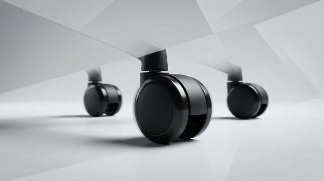 Close-up of black plastic twin-wheel casters on an office chair base featuring motion blur effects on a clean white studio background showing rotation and rolling functionality.