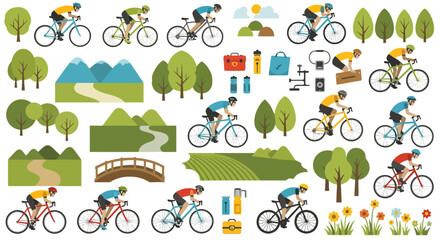 Obraz premium Cyclists riding bicycles on country road through green landscape scenery