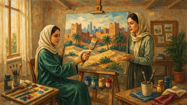 Women painting in a vibrant studio showcasing cultural art and creativity