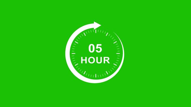 5 hour countdown timer animation with circular progress bar on green screen for easy chroma key compositing