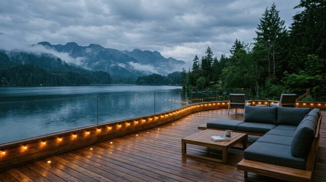 Serene Lakeside Deck with Mountain Views at Dusk.