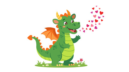 Naklejka premium Cute cartoon dragon blowing heart-shaped bubbles in whimsical style