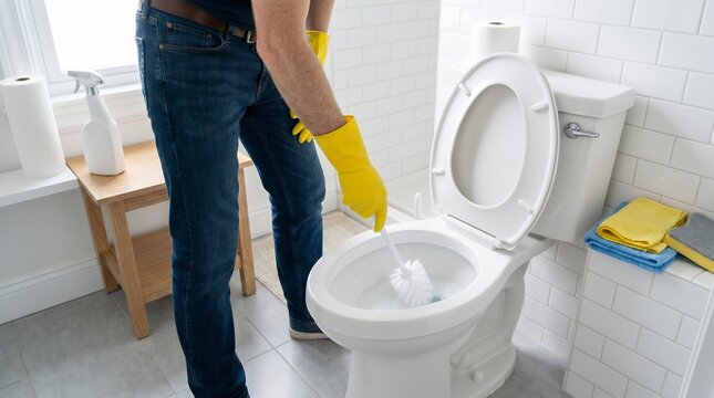 Person Wearing Yellow Gloves Cleaning a White Toilet Bowl with a Brush