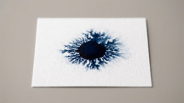 Macro photo of dark blue ink spreading on white textured watercolor paper, displaying a fractal dendritic bloom pattern with fine veins resting on a neutral gray surface.