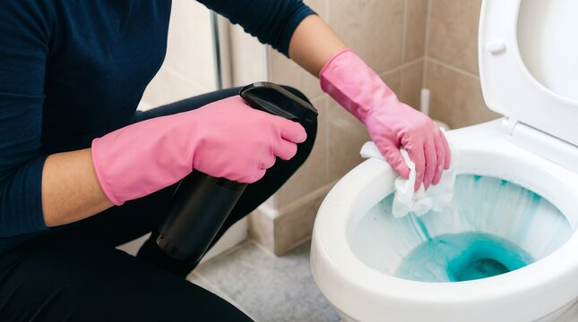 Detailed Shot of a Person in Pink Gloves Cleaning a Toilet Bowl with Blue Liquid Cleaner
