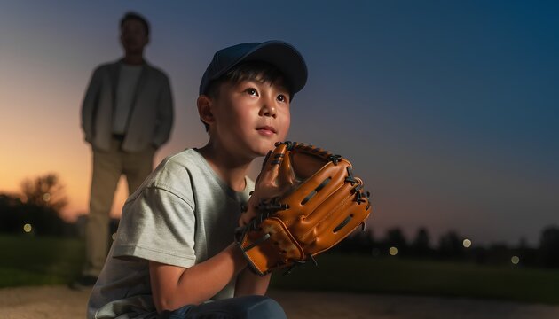 夕暮れの野球場で夢を見つめる少年と見守る父親