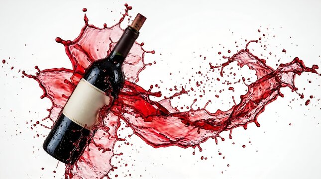 Dynamic Red Wine Splash with Dark Bottle and Blank Label Concept